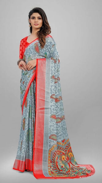 Mayawye Women's Viscose Rayon Printed Saree With Unstitched Blouse (Grey)