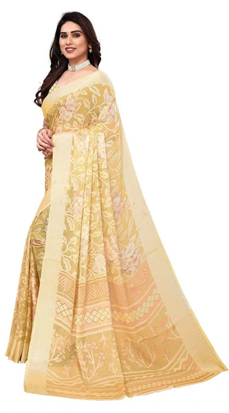 Mayawye Women's Viscose Rayon Printed Saree With Unstitched Blouse (Yellow)