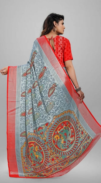 Mayawye Women's Viscose Rayon Printed Saree With Unstitched Blouse (Grey)