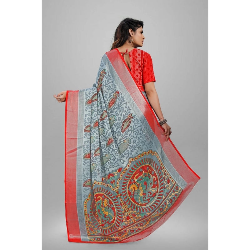 Mayawye Women's Viscose Rayon Printed Saree With Unstitched Blouse (Grey)