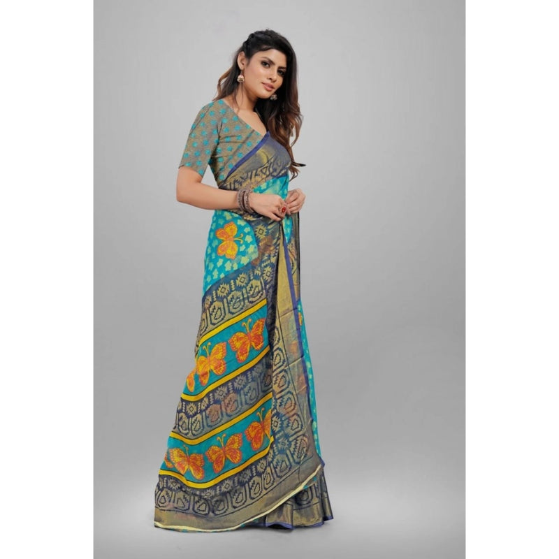Mayawye Women's Viscose Rayon Printed Saree With Unstitched Blouse (Sky Blue)