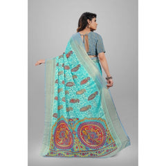 Mayawye Women's Viscose Rayon Printed Saree With Unstitched Blouse (Sky Blue)
