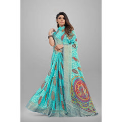 Mayawye Women's Viscose Rayon Printed Saree With Unstitched Blouse (Sky Blue)