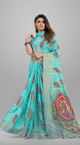 Mayawye Women's Viscose Rayon Printed Saree With Unstitched Blouse (Sky Blue)