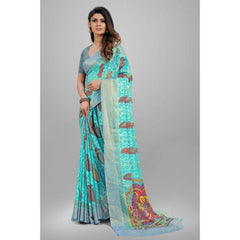 Mayawye Women's Viscose Rayon Printed Saree With Unstitched Blouse (Sky Blue)
