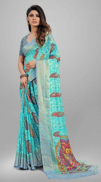 Mayawye Women's Viscose Rayon Printed Saree With Unstitched Blouse (Sky Blue)