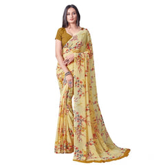 Mayawye Women's Georgette Printed Saree With Unstitched Blouse (Yellow)