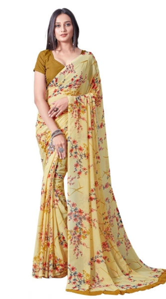 Mayawye Women's Georgette Printed Saree With Unstitched Blouse (Yellow)