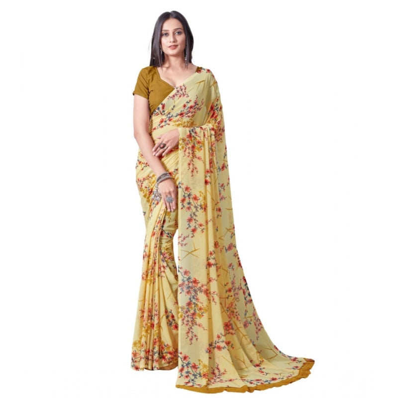 Mayawye Women's Georgette Printed Saree With Unstitched Blouse (Yellow)