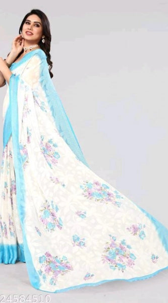 Mayawye Women's Viscose Rayon Printed Saree With Unstitched Blouse (Sky Blue)