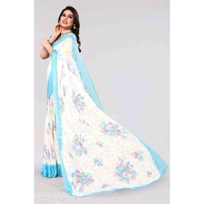 Mayawye Women's Viscose Rayon Printed Saree With Unstitched Blouse (Sky Blue)