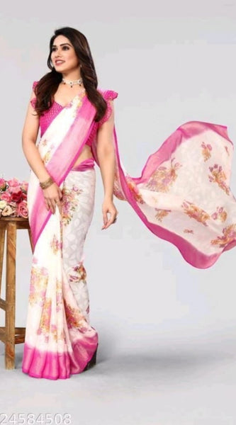 Mayawye Women's Viscose Rayon Printed Saree With Unstitched Blouse (Pink)