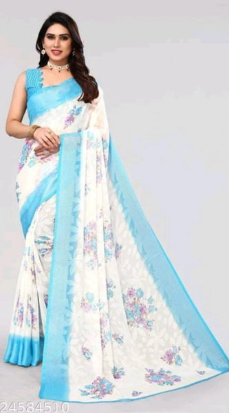 Mayawye Women's Viscose Rayon Printed Saree With Unstitched Blouse (Sky Blue)