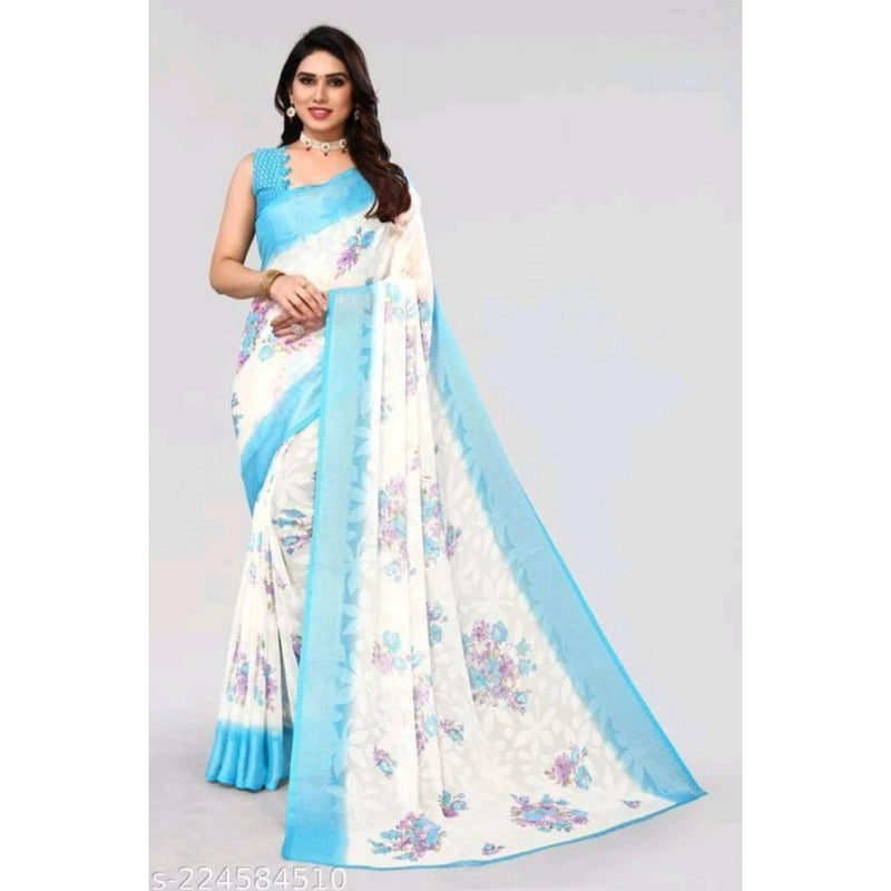 Mayawye Women's Viscose Rayon Printed Saree With Unstitched Blouse (Sky Blue)