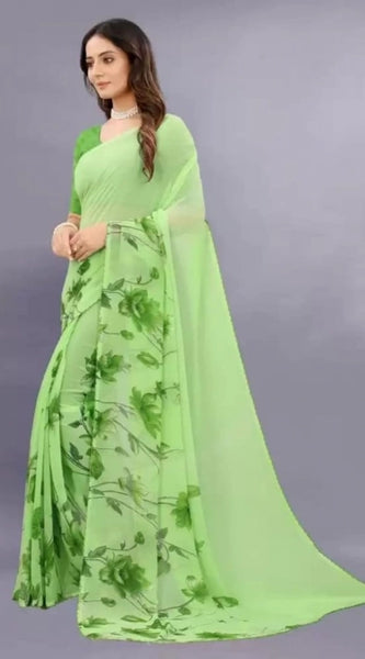 Mayawye Women's Georgette Printed Saree With Unstitched Blouse (Green)