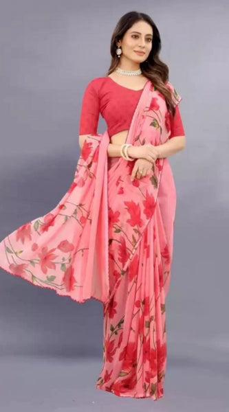 Mayawye Women's Georgette Printed Saree With Unstitched Blouse (Red)