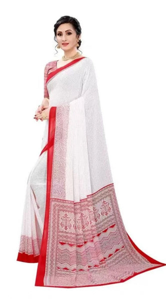 Mayawye Women's Georgette Printed Saree With Unstitched Blouse (Red)