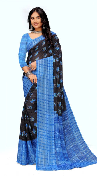 Mayawye Women's Georgette Printed Saree With Unstitched Blouse (Blue)