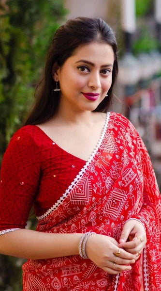 Mayawye Women's Georgette Printed Saree With Unstitched Blouse (Red)