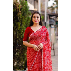 Mayawye Women's Georgette Printed Saree With Unstitched Blouse (Red)