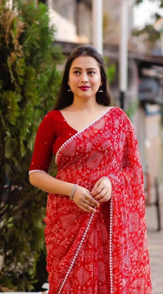 Mayawye Women's Georgette Printed Saree With Unstitched Blouse (Red)