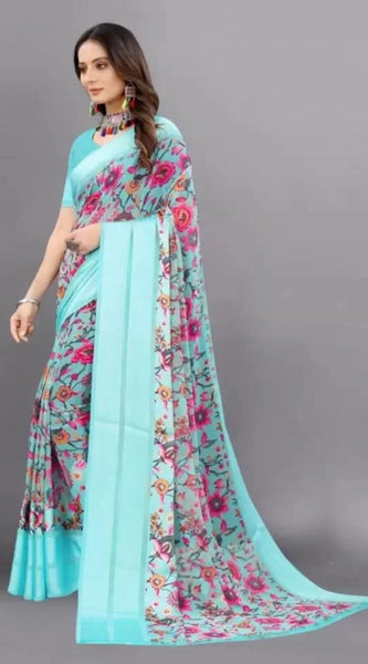 Mayawye Women's Satin Patta Printed Saree With Unstitched Blouse (Skyblue)