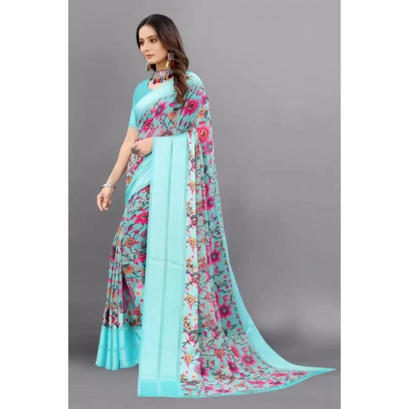 Mayawye Women's Satin Patta Printed Saree With Unstitched Blouse (Skyblue)