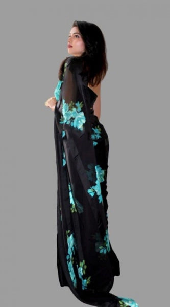 Mayawye Women's Satin Patta Printed Saree With Unstitched Blouse (Blue)