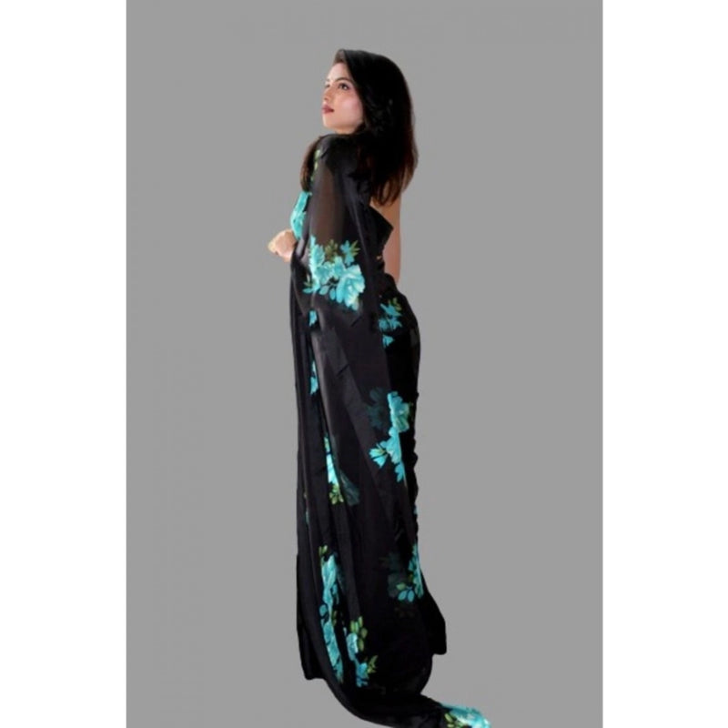 Mayawye Women's Satin Patta Printed Saree With Unstitched Blouse (Blue)