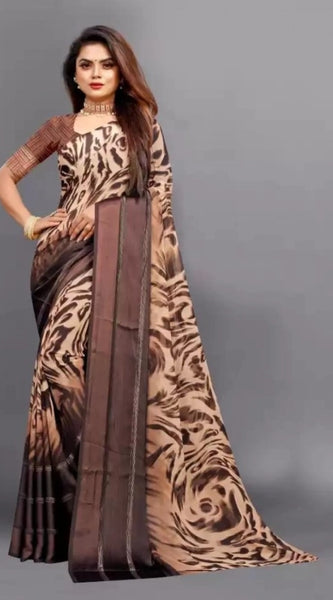 Mayawye Women's Satin Patta Printed Saree With Unstitched Blouse (Brown)