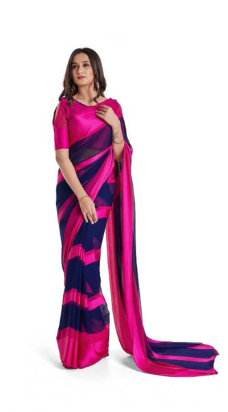 Mayawye Women's Satin Patta Printed Saree With Unstitched Blouse (Pink)