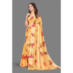 Mayawye Women's Satin Patta Printed Saree With Unstitched Blouse (Beige)