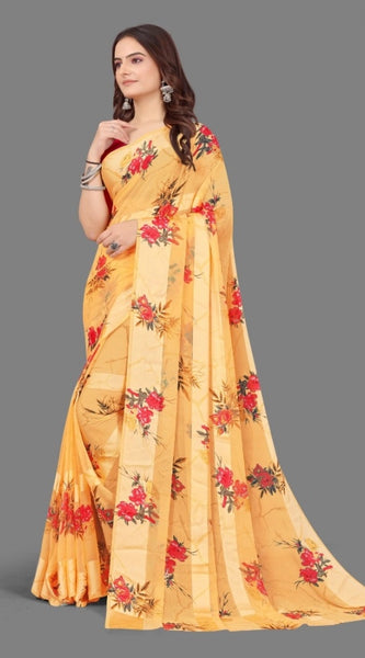 Mayawye Women's Satin Patta Printed Saree With Unstitched Blouse (Beige)