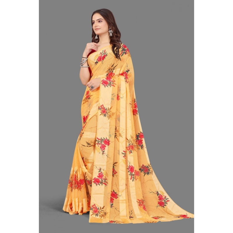 Mayawye Women's Satin Patta Printed Saree With Unstitched Blouse (Beige)