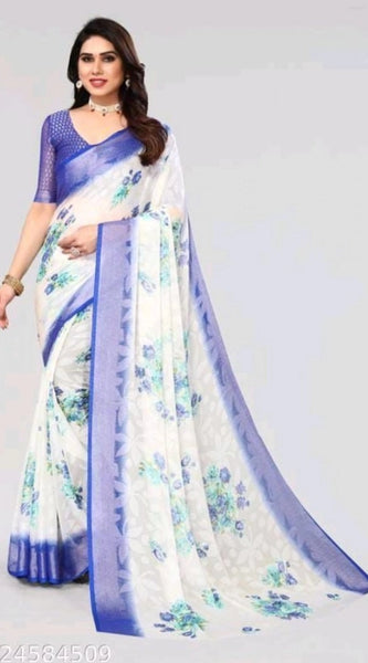 Mayawye Women's Viscose Rayon Printed Saree With Unstitched Blouse (Blue)