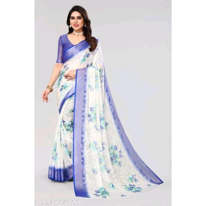 Mayawye Women's Viscose Rayon Printed Saree With Unstitched Blouse (Blue)