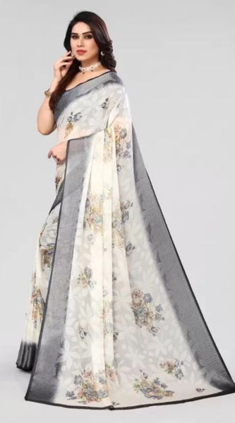 Mayawye Women's Viscose Rayon Printed Saree With Unstitched Blouse (Black)