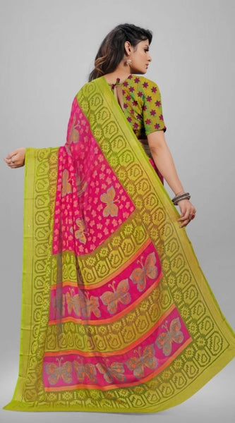 Mayawye Women's Viscose Rayon Printed Saree With Unstitched Blouse (Pink)