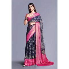 Mayawye Women's Viscose Rayon Printed Saree With Unstitched Blouse (Navy Blue)