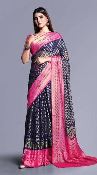 Mayawye Women's Viscose Rayon Printed Saree With Unstitched Blouse (Navy Blue)
