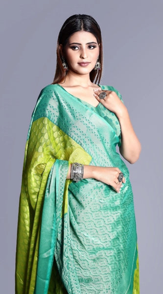 Mayawye Women's Viscose Rayon Printed Saree With Unstitched Blouse (Green)