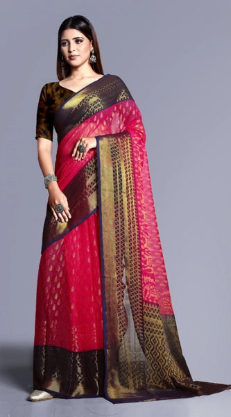 Mayawye Women's Viscose Rayon Printed Saree With Unstitched Blouse (Pink)