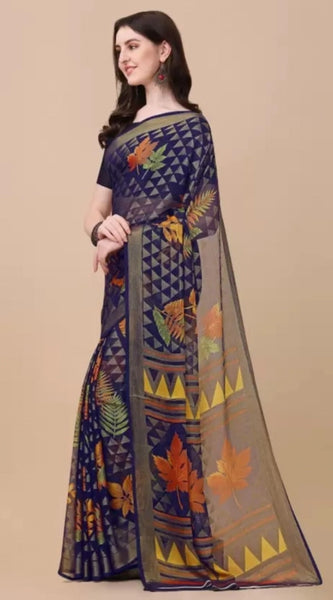 Mayawye Women's Viscose Rayon Printed Saree With Unstitched Blouse (Navy Blue)