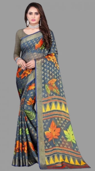 Mayawye Women's Viscose Rayon Printed Saree With Unstitched Blouse (Grey)