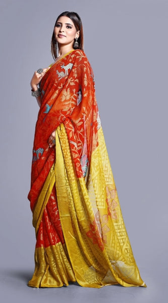Mayawye Women's Viscose Rayon Printed Saree With Unstitched Blouse (Red)
