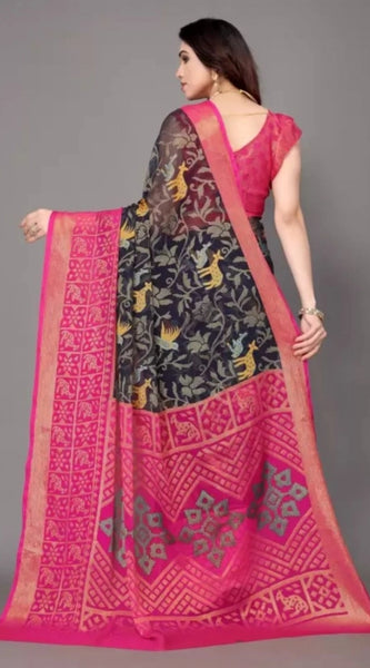 Mayawye Women's Viscose Rayon Printed Saree With Unstitched Blouse (Navy Blue)