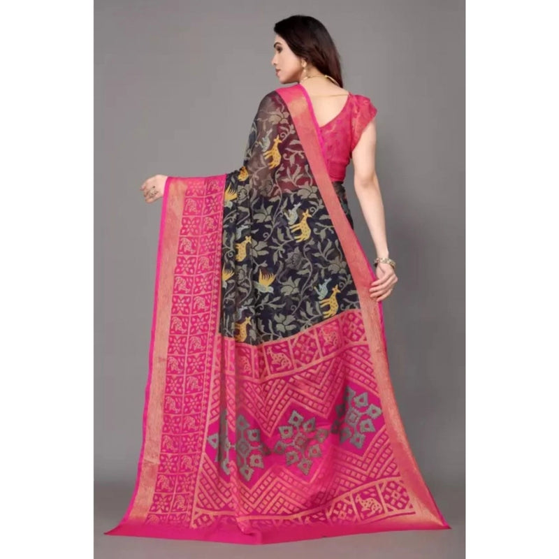 Mayawye Women's Viscose Rayon Printed Saree With Unstitched Blouse (Navy Blue)