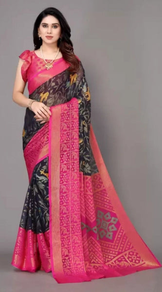 Mayawye Women's Viscose Rayon Printed Saree With Unstitched Blouse (Navy Blue)