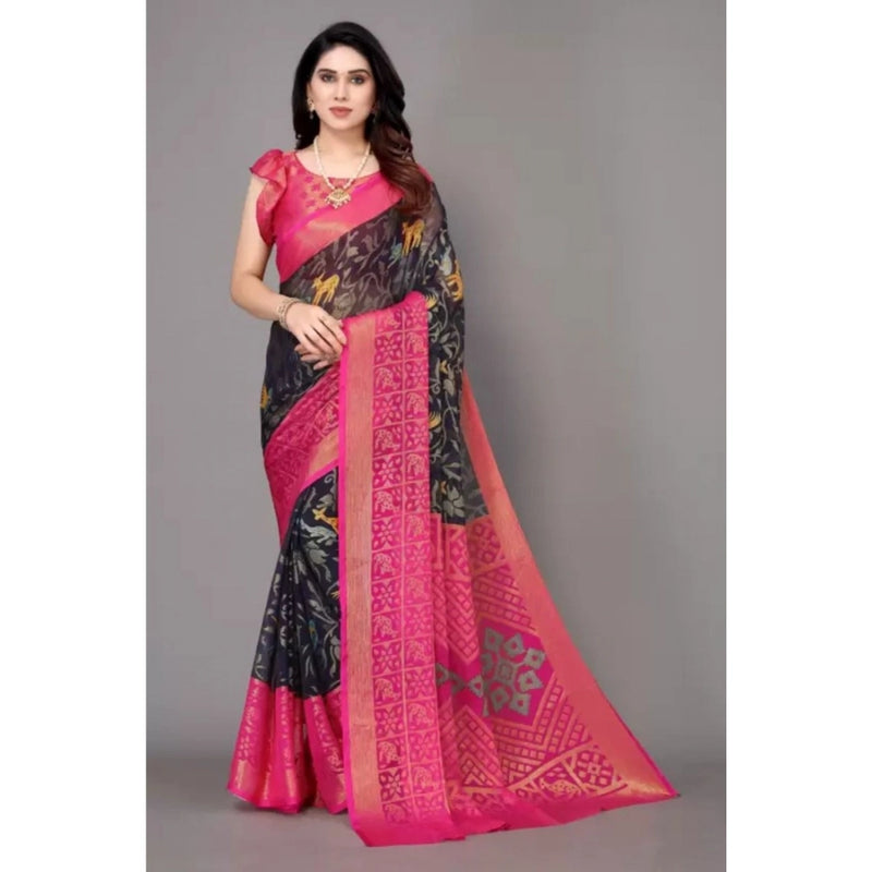 Mayawye Women's Viscose Rayon Printed Saree With Unstitched Blouse (Navy Blue)
