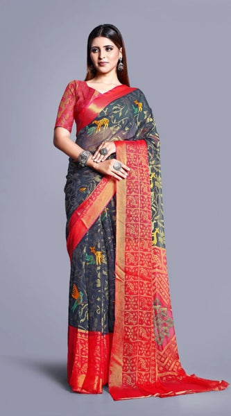 Mayawye Women's Viscose Rayon Printed Saree With Unstitched Blouse (Grey)